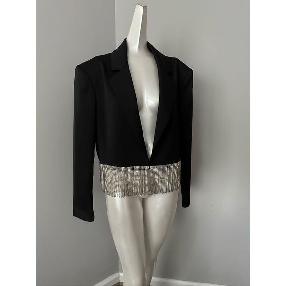 NWOT Alice + Olivia Shan Cropped Fringe Blazer in Black $795 - Picture 4 of 11
